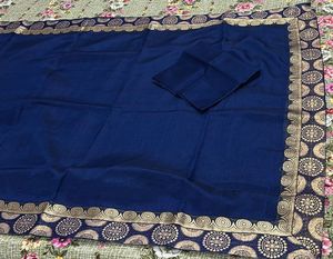 New-Elegant Blue Saree with Gold Border