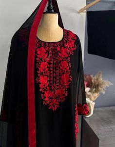 Black & Red Embroidered Kurta Set