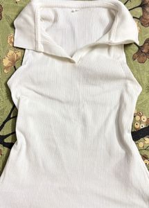 White Ribbed Collared Top