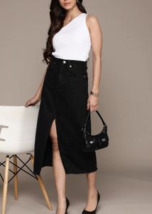 Mango Black Denim Midi Skirt with High Slit