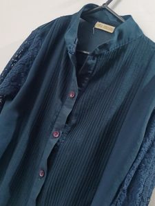 Navy Blue Shirt Dress With Lacy Sleeves