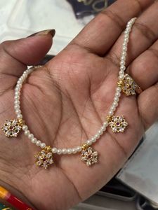 Elegant Pearl Necklace with CZ Charms