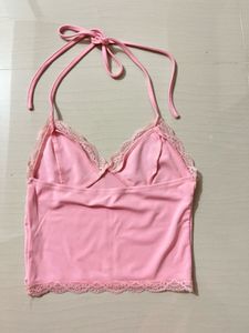 Pink Lace Trim Halter Top