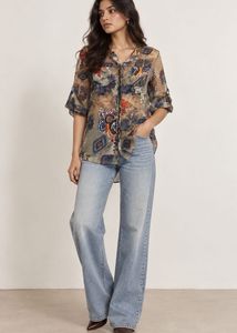Sheer Print Button-Up Shirt