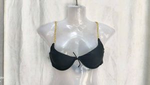 I. Chic Black Bikini Top with Gold Chain Straps