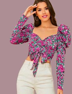 Puff Sleeve Floral Tie-Front Crop Top
