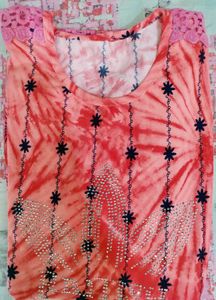 Pink Abstact Tunic Top with Embellishments