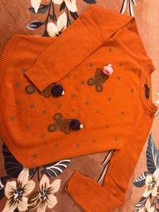 ✨ Cute Orange Knit Sweater with Teddy Print – Soft