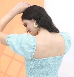 Light Blue Puff Sleeve Smocked Crop Top