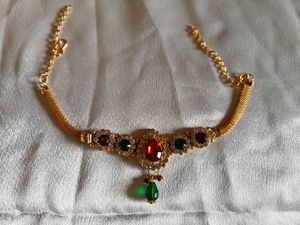 Elegant Gold Necklace with Red &amp; Green Stones