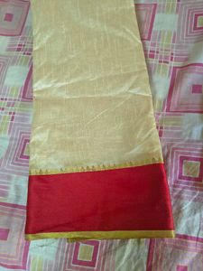 Elegant Cream &amp; Red Saree with Free Necklace