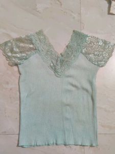 Light Blue Lace Trim Ribbed Top