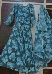 Beautiful Blue Floral Gown with Dupatta