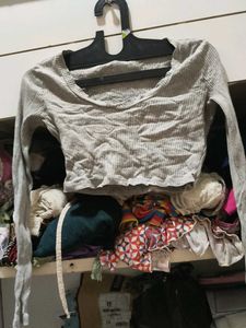 Gray Ribbed Cropped Long Sleeve Top