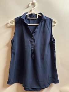 Navy Blue Sleeveless Collared Top