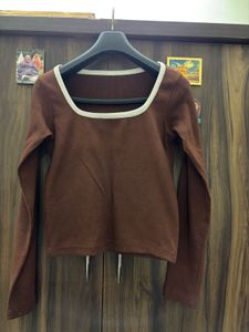 Brown Ribbed Square Neck Top