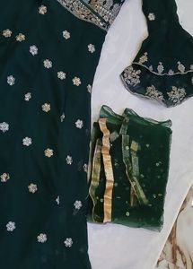 Green Long Frock Gown Type White Work
