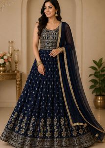 🔥SALE 🔥Navy Blue Embroidered Lehenga style gown