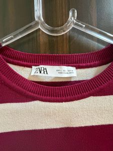 Zara Burgundy &amp; Cream Striped Fine Knit Sweater |