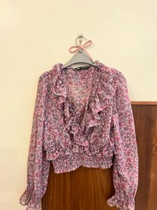 Sheer Floral Ruffle Crop Top