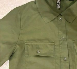Olive Green Cropped Button-Up Shirt