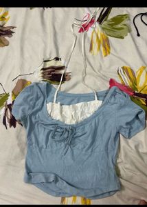 Blue Puff Sleeve Tie-Front Crop Top