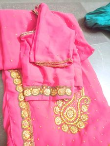 Beautiful Pink stone work saree with stitched blou
