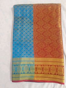 Beautiful Blue Silk Saree with Gold Border