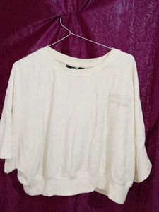 Cream Textured Cropped Sweatshirt Top