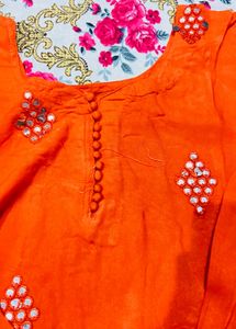 Bright Orange Mirror Work Kurta Set