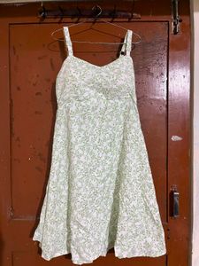 White Green Leaf Print Sundress