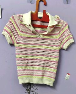 Striped Cropped Knit Polo Top