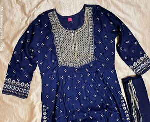 Blue Nyra Cut Embroidery Kurti Set