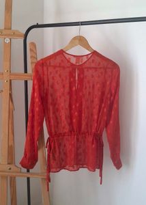 H&amp;M Sheer Red Polka Dot Blouse
