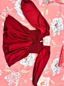 Burgundy Smocked Puff Sleeve Top