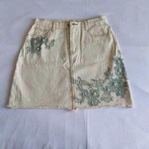 Cream Denim Skirt with Blue Floral Applique