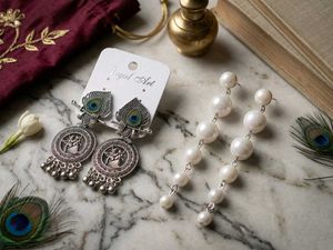 Indian Peacock & Pearl Drop Earrings
