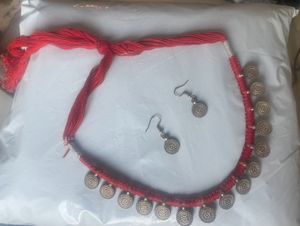 Red Thread Oxidised Necklace Set with Earrings