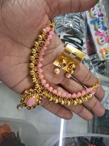 Elegant Pink Beaded Necklace & Earring Set