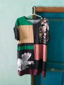 Length 35,Unique Patchwork & Bird Print Tunic Top