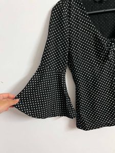 Chic Polka Dot Bell Sleeve Tie-Front Top