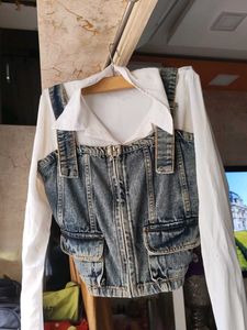 denim corset with white crop shirt