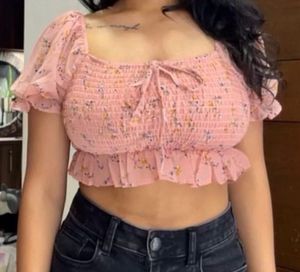 Pink Floral Smocked Crop Top