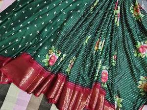 Beautiful Floral Print Green Saree
