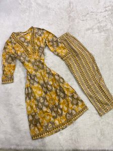 Mustard Yellow &amp; Grey Block-Printed Kurti Set