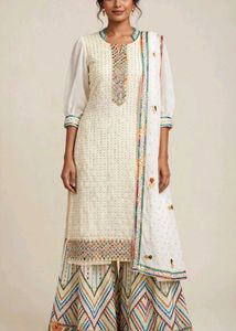 Embroidered Cream Kurta with Palazzo Pants