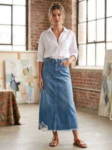 Midi Denim Skirt with Ripped Details