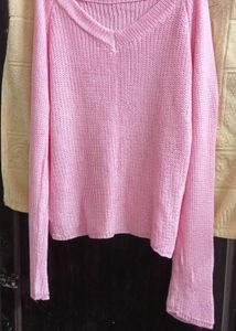 sleeve Cute Pink Knit V-Neck Sweater