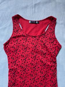 Red Floral Tank Top with Black Lace Trim