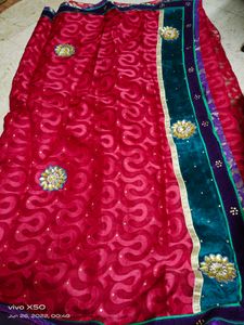 Partywear red cotton brasso saree